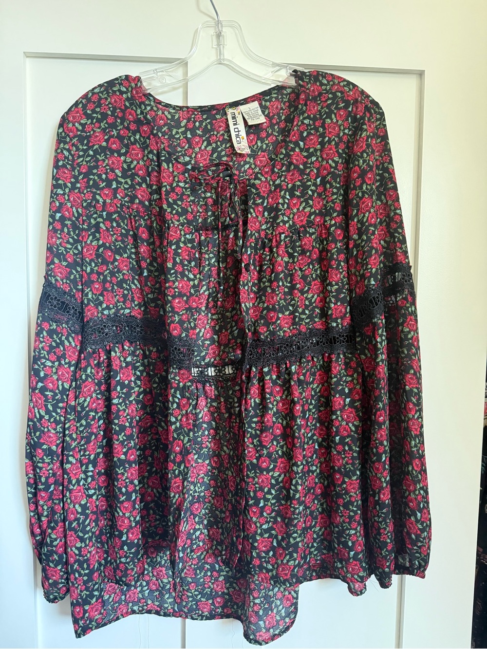 Mimi Chica Black Floral Lace-Trim Tunic - Black with Pink Roses